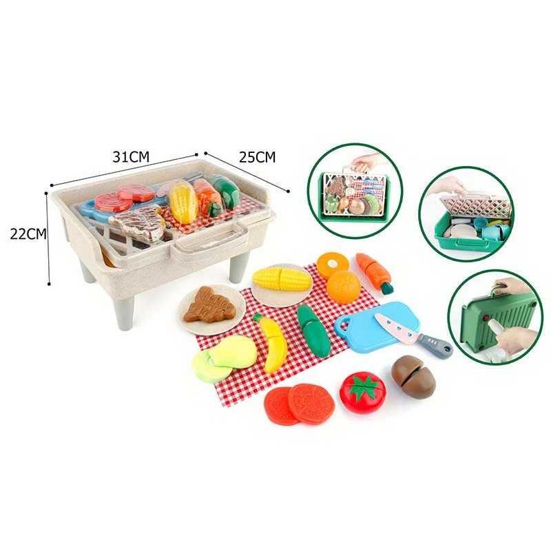 Іграшкове барбекю з овочами та фруктами у валізці (2026 ED-E) на липучках, посуд, ніж, скатертина, мангал