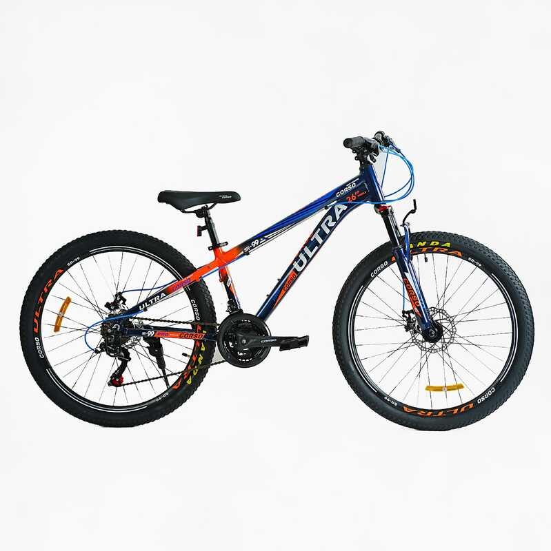 Велосипед Спортивний Corso «ULTRA» 26" дюймів UL-26041-1 (1) рама алюмінієва 13’’, обладнання Shimano 21 швидкість, ВИЛКА З ПЕРЕМИКАЧЕМ, зібран на 75