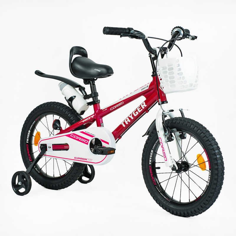Велосипед 2-х колесный 16" "CORSO" TG-10258 "TAYGER" (1) алюминиевая рама, ручной тормоз, доп. колеса, колокольчик, бутылочка, собран на 85