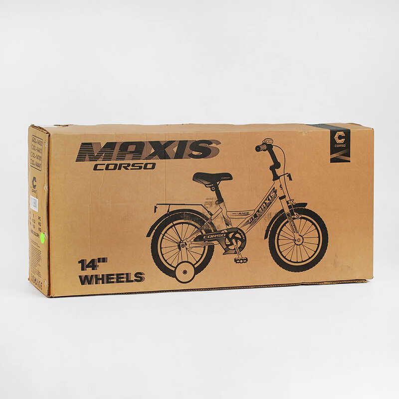 Велосипед двухколесный 14" дюймов "CORSO" (MAXIS CL-14522) ручной тормоз, колокольчик, сиденье с ручкой, доп. колеса, СОБРАННЫЙ НА 75, в коробке