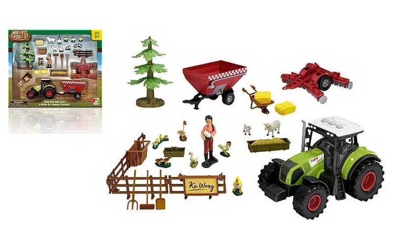 Трактор з аксесуарами (550-7 K) 26 елементів, трактор з інерцією, на батарейках, фігурки птахів, фігурка фермера