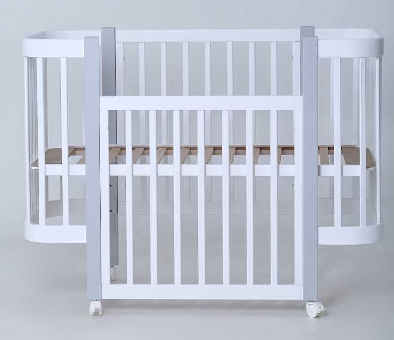 Кроватка детская "МИЯ" (1) бук, шарнир-подшибник, опускная боковина (белая+серая стойка)
