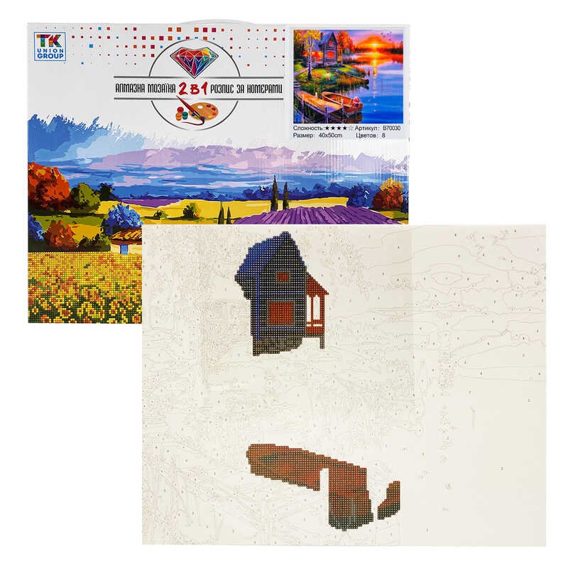 Картина по номерам + Алмазная мозаика B 70030 (30) "TK Group", 40х50 см, "Закат на озере", в коробке