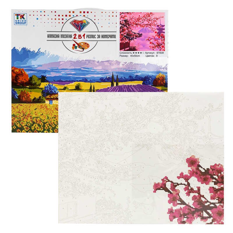 Картина по номерам + Алмазная мозаика B 70039 (30) "TK Group", 40х50 см, "Сакура", в коробке
