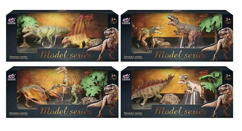 Набор динозавров Q 9899 M 7 (48/2) 4 вида, 2 динозавра, 2 аксессуара, в коробке