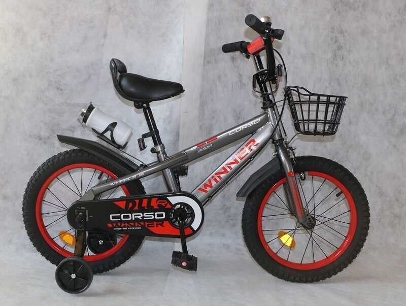 Велосипед 2-х колесный 16" "CORSO" WN-16228 "Winner" (1) стальная рама, ручной тормоз, доп. колеса, звонок, бутылочка, корзинка, собраны