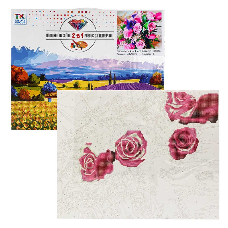 Картина по номерам + Алмазная мозаика B 70055 (30) "TK Group", 40х50 см, "Букет роз", в коробке