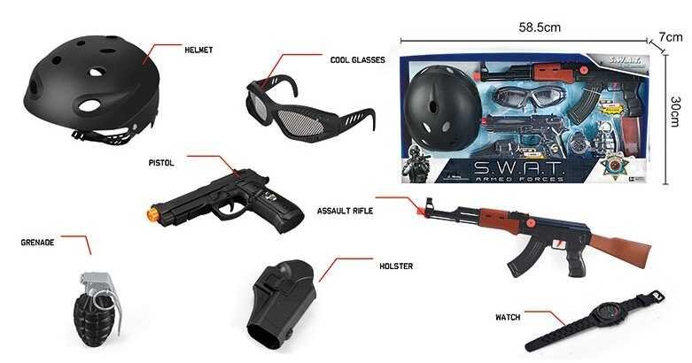 Детский набор полиции (S 006 B) 8 элементов, каска, пистолет, автомат, граната, очки, в коробке