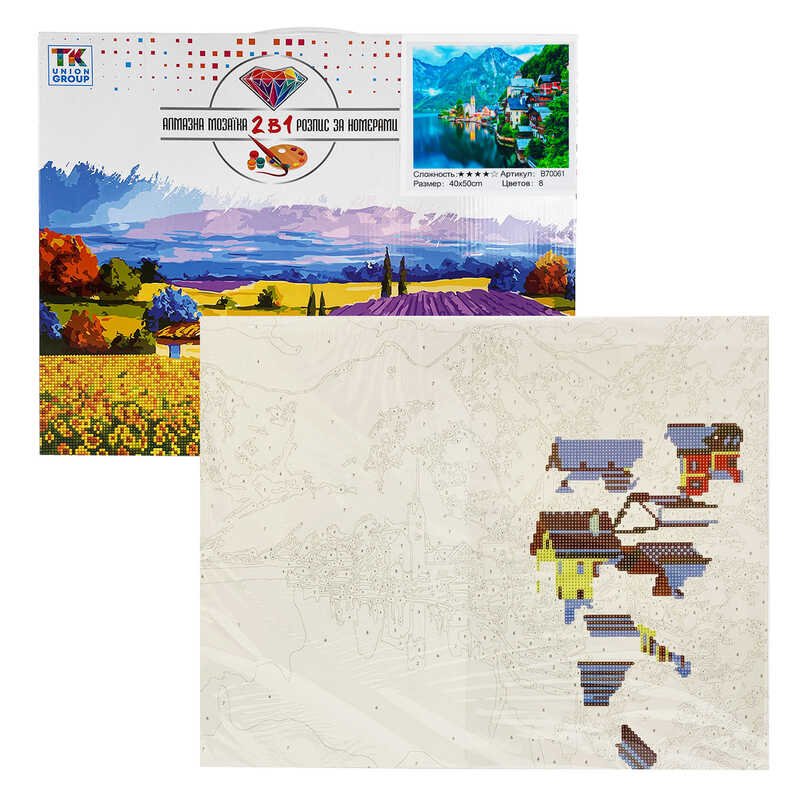 Картина по номерам + Алмазная мозаика B 70061 (30) "TK Group", 40х50 см, "Город у горного озера", в коробке