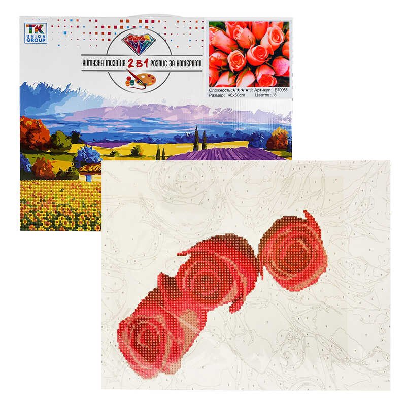 Картина по номерам + Алмазная мозаика B 70068 (30) "TK Group", 40х50 см, "Розы", в коробке