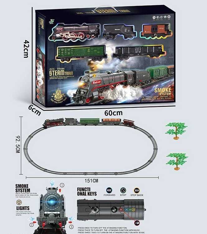 Детская железная дорога со звуком, подсветкой и парогенератором (602 A) автоматическое движение, на батарейках, локомотив и 4 вагона