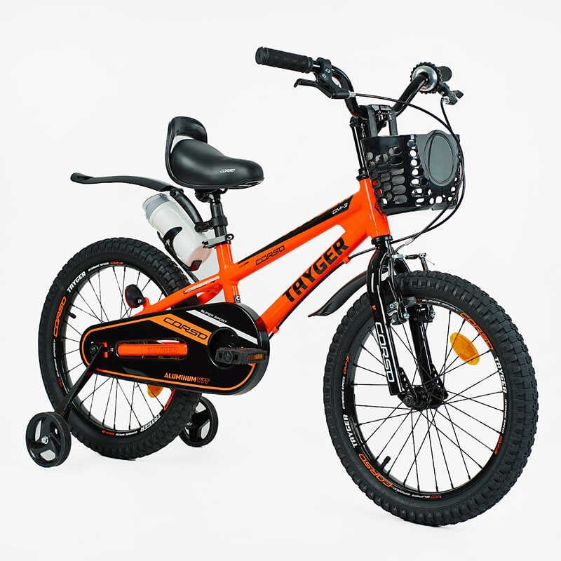 Велосипед 2-х колесный 18" "CORSO" TG-11360 "TAYGER" (1) алюминиевая рама, ручной тормоз, доп. колеса, колокольчик, бутылочка, собран на 85