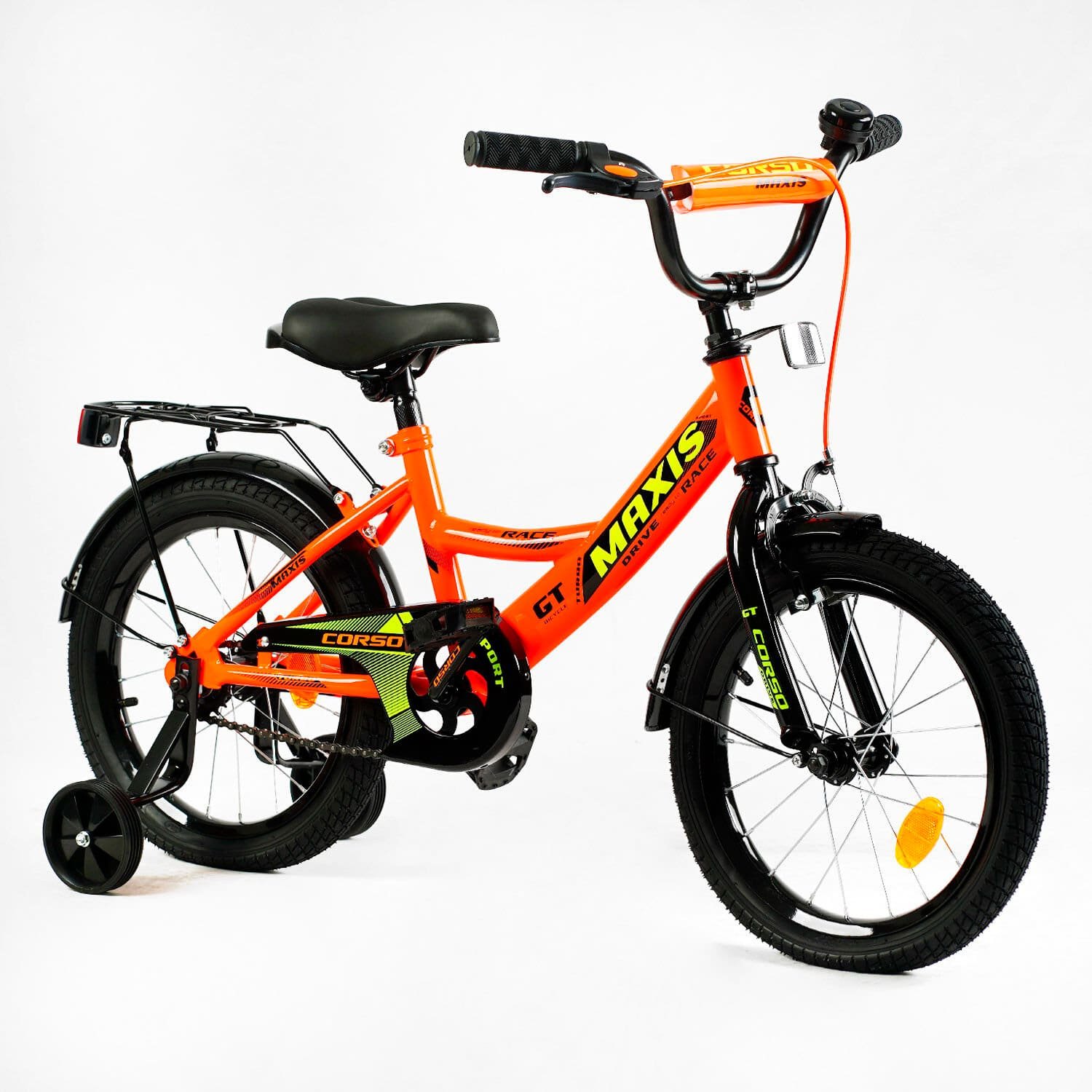 Велосипед 16" дюймів двоколісний "CORSO" MAXIS (CL-16177) ручне гальмо, сидіння з ручкою, додаткові колеса, ЗІБРАНИЙ НА 75%