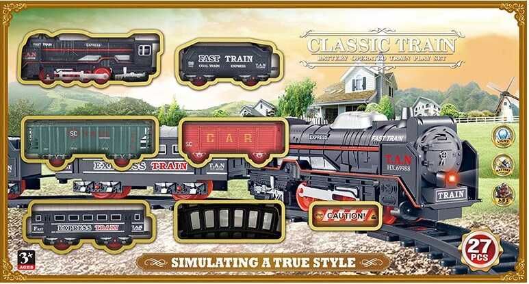 Железная дорога на 27 элементов (JHX 3307) подсветка, автоматическое движение, декорации, 4 вагона