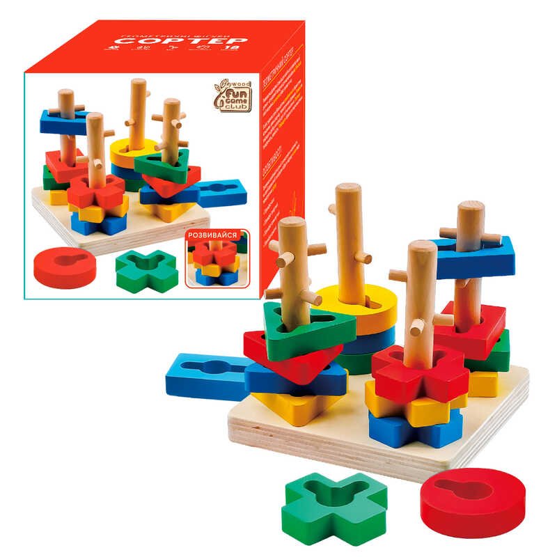 Геометричні фігури 65307 (36) "4FUN Game Club Wood", пірамідка-сортер, у коробці