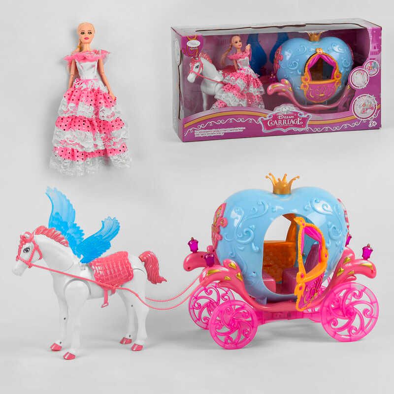 Карета с куклой 911 A (6) лошадь ходит, издает реалистичные звуки, воспроизводит песенку, карета с подсветкой, в коробке