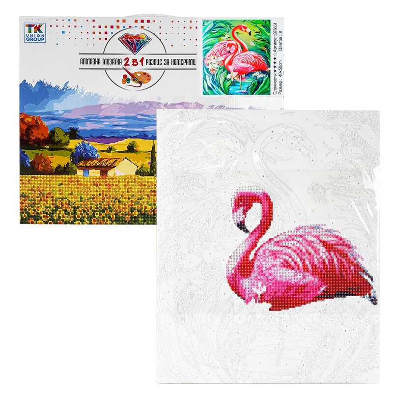 Картина за номерами + Алмазна мозаїка B 76651 (30) "TK Group", 40x50 см, Розовий фламінго, в коробці