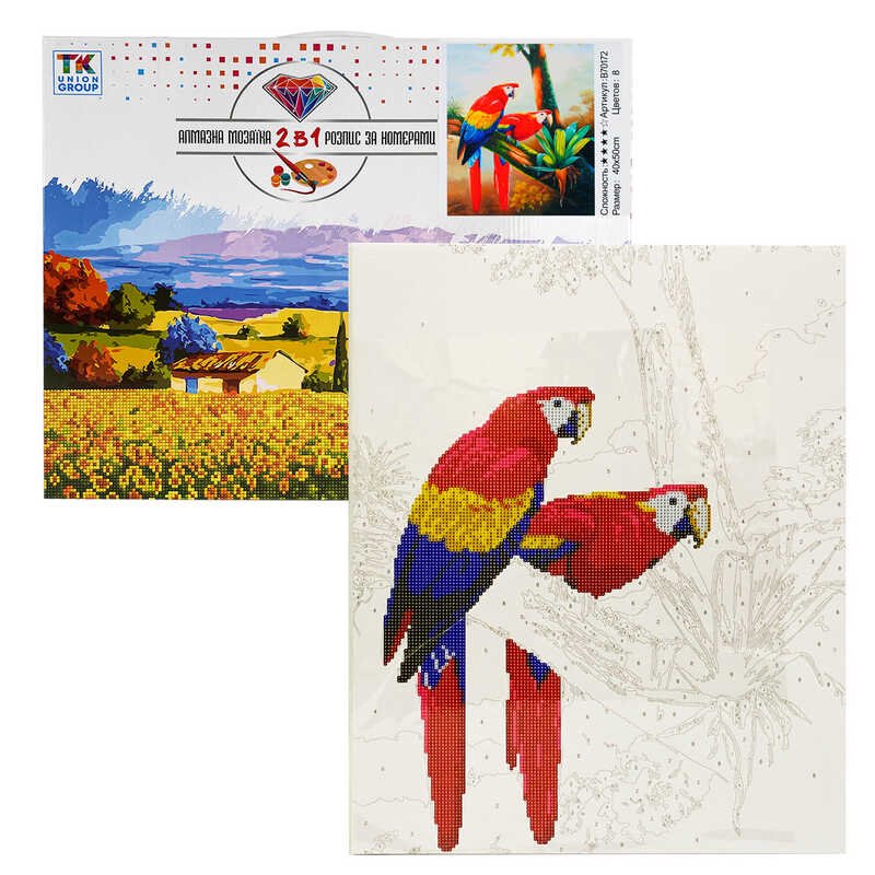 Картина по номерам + Алмазная мозаика B 70172 (30) "TK Group", 40х50 см, "Попугаи", в коробке