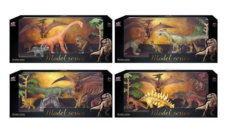 Набор динозавров Q 9899 W1 (12) 4 вида, 6 элементов, 5 динозавров, аксессуар, в коробке
