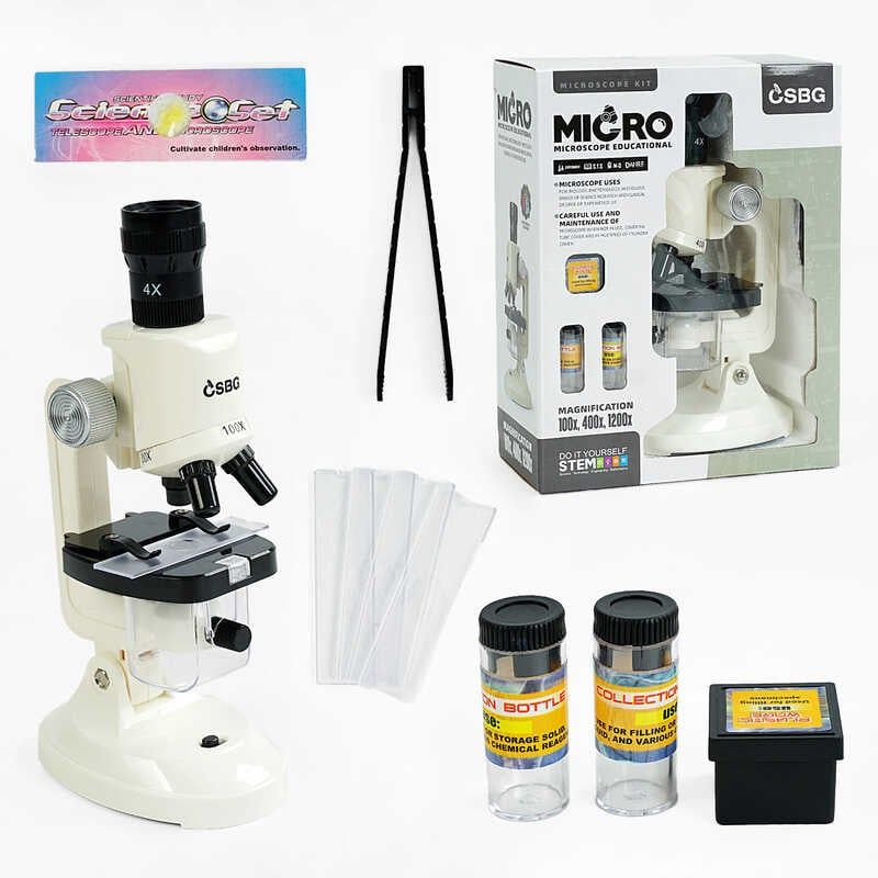 Микроскоп BG 006 (36/2) подсветка, стеклышки и бутылочки для образцов, пинцет, в коробке