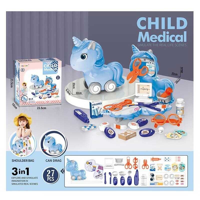 Дитячий набір лікаря єдиноріг (8023) пігулки, пластирі, операційні приладдя, лікарські окуляри, термометр, оглядове зеркало