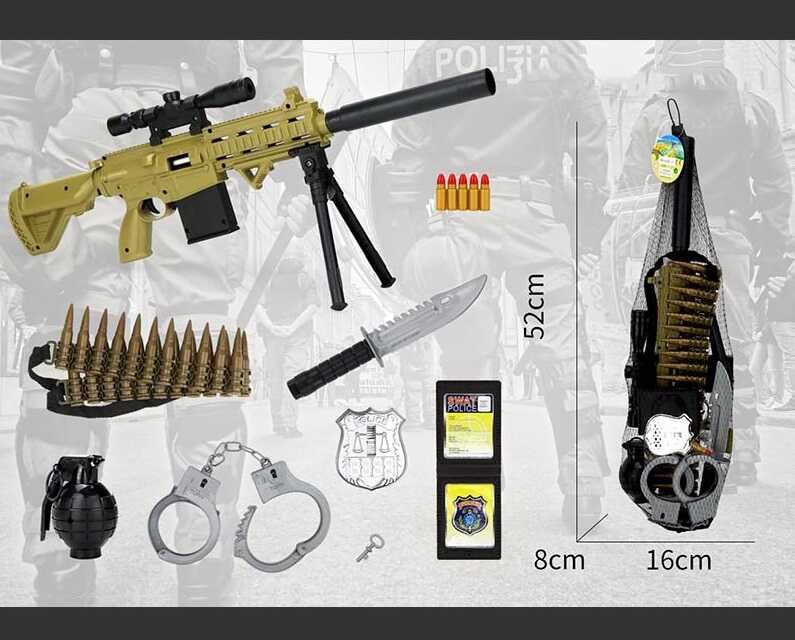 Военный набор JL 555-11 (60/2) винтовка, патроны, нож, наручники, жетон, граната со звуком, в сетке