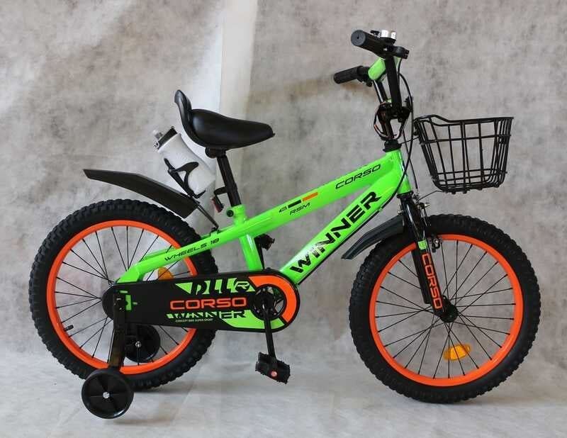 Велосипед 2-х колесный 18" "CORSO" WN-18020 "Winner" (1) стальная рама, ручной тормоз, доп. колеса, звонок, бутылочка, корзинка, собраны