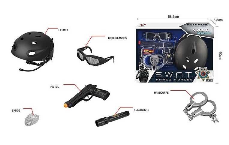 Игровой набор полиции (S 005 B) 6 элементов, пистолет на батарейках, каска, очки, наручники, аксессуары, в коробке