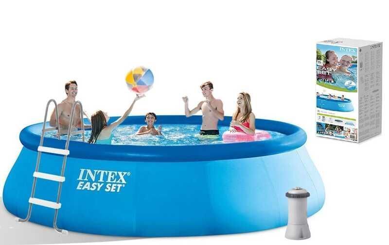 Басейн надувний Intex 26166 NP об'єм-12430л, фільтр+насос, 457х107см (3785л/рік, драбина, тент, підстилка)