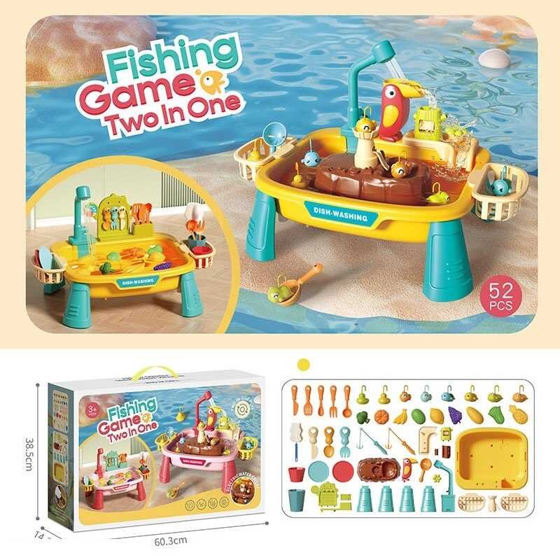 Столик с рыбалкой L 666-80 /80 A (8) 33 аксессуара, две игры в одном наборе, удочки, морские животные, циркуляция воды, кухонные принадлежности, в коробке