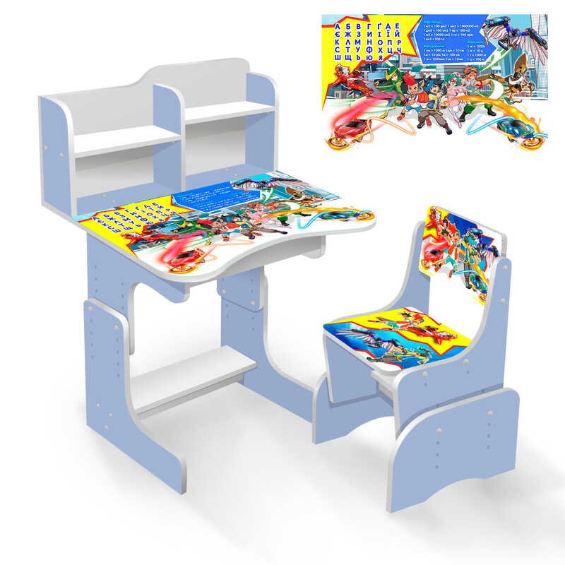 Парта шкільна ЛДСП ПШ004 (1) "ДИКІ СКРИЧЕРИ" 69*45 см., колір блакитний, + 1 стілець, з пеналом