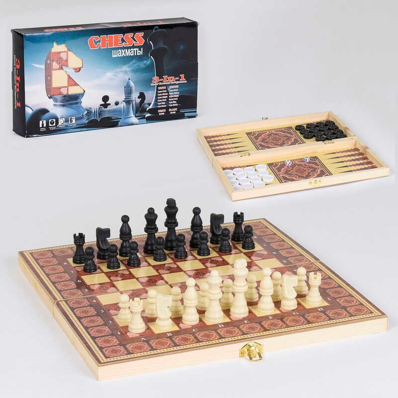 Шахматы деревянные С 36819 (48) 3 в 1, деревянная доска,деревянные шахматы, в коробке