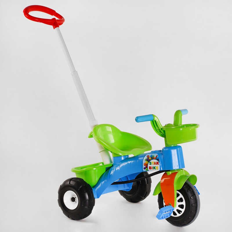 Велосипед трехколесный с родительской ручкой (07-137) Pilsan ГОЛУБОЙ С ЗЕЛЁНЫМ 2 корзины, в кульке