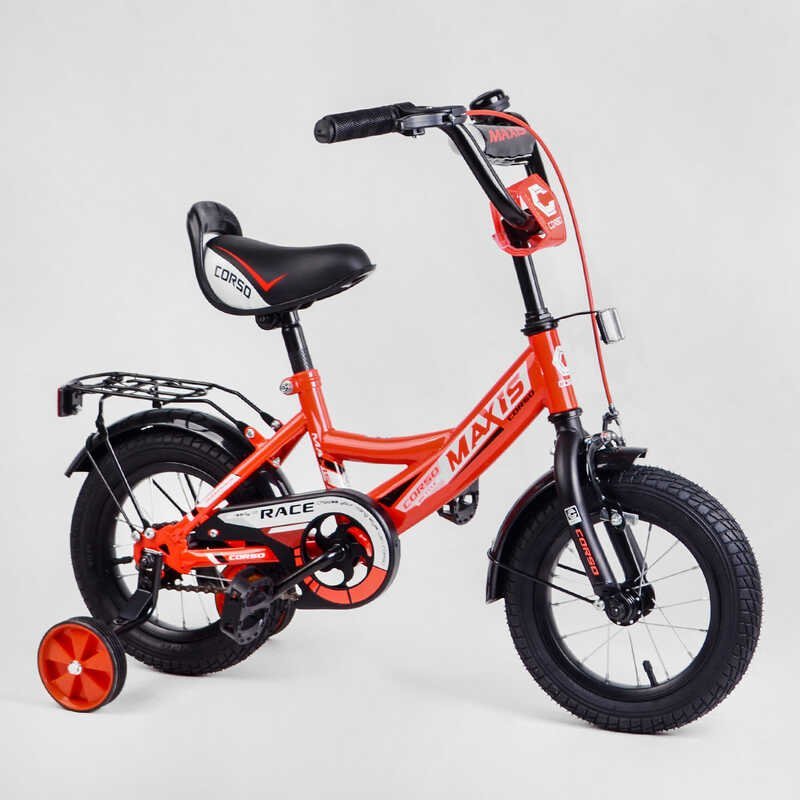 Велосипед двоколісний12" дюймів "CORSO" MAXIS-12321 ручне гальмо, дзвіночок, сидіння з ручкою, додаткові колеса, ЗБІРАНИЙ НА 75 в коробці
