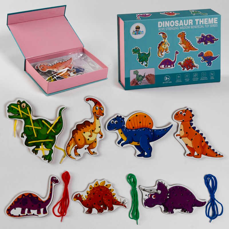 Дерев'яна Шнурівка С 48132 (80) "Динозаври", 7 ігрових панелей, 4 шнурки, в коробці