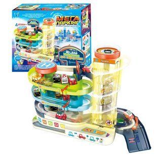 Интерактивный автотрек 92629 (16) "WToys", ОСВУЧЕНИЕ УКР. ЯЗЫКОМ, автоматический подъемник, звук, свет, песни, 4 машинки, паркинг, выезды, в коробке