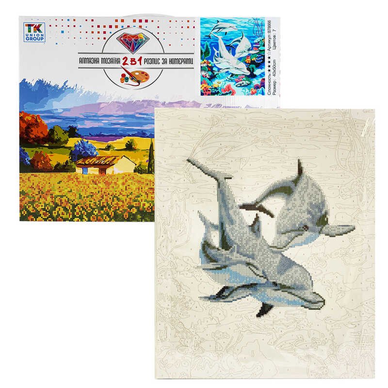 Картина по номерам + Алмазная мозаика B 78666 (30) "TK Group", 40x50 см, "Дельфины", в коробке