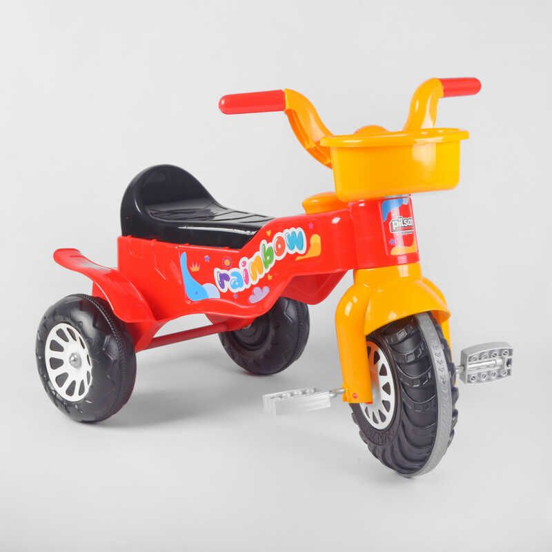 Велосипед триколісний (07-116) “Pilsan” колір Червоно-жовтий, пластикові колеса з прогумованою накладкою, пищалка, кошик, в пакеті