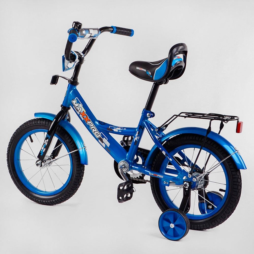 Двоколісний велосипед 14" дюймів MAXXPRO-N14-4 ручне гальмо, дзвіночок, сидіння з ручкою, дод. колеса, багажник, ЗБІРАНИЙ НА 75, в коробці