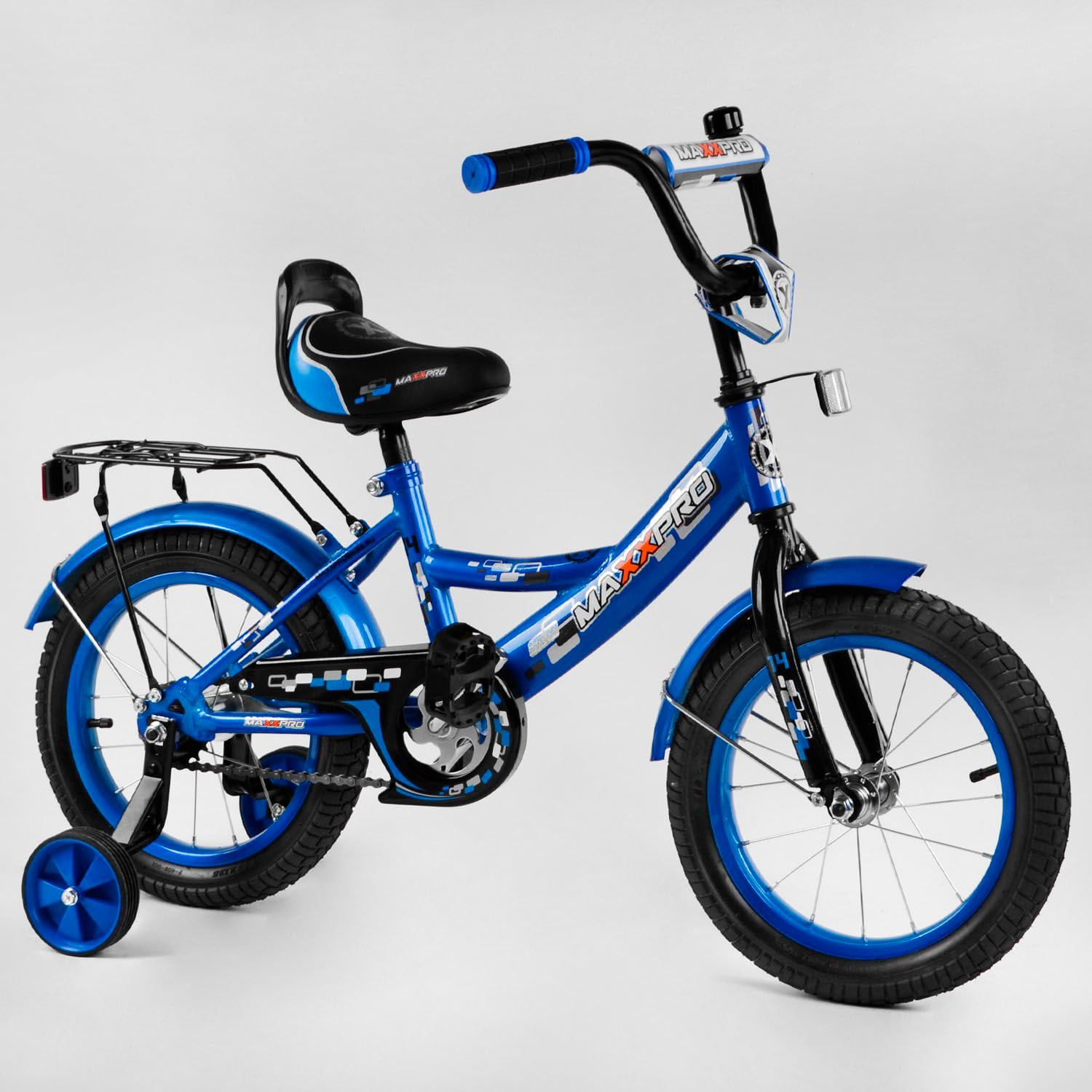 Двухколёсный велосипед 14" дюймов MAXXPRO-N14-4 ножной тормоз, звоночек, сидение с ручкой, доп. колеса, багажник, СОБРАННЫЙ НА 75, в коробке
