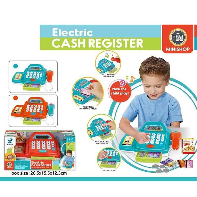 Детский кассовый аппарат (66109) 2 цвета, калькулятор, подсветка, звук, банковская карта, деньги