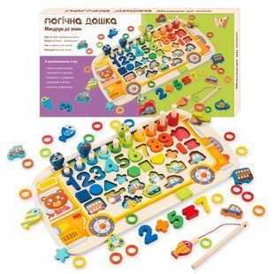 Розвиваюча логічна дошка з магнітною рибалкою (38512) "WToys" "Автобус" дерев`яна, сортер, цифри, знаки, фігури, транспорт, кілочки, кільця