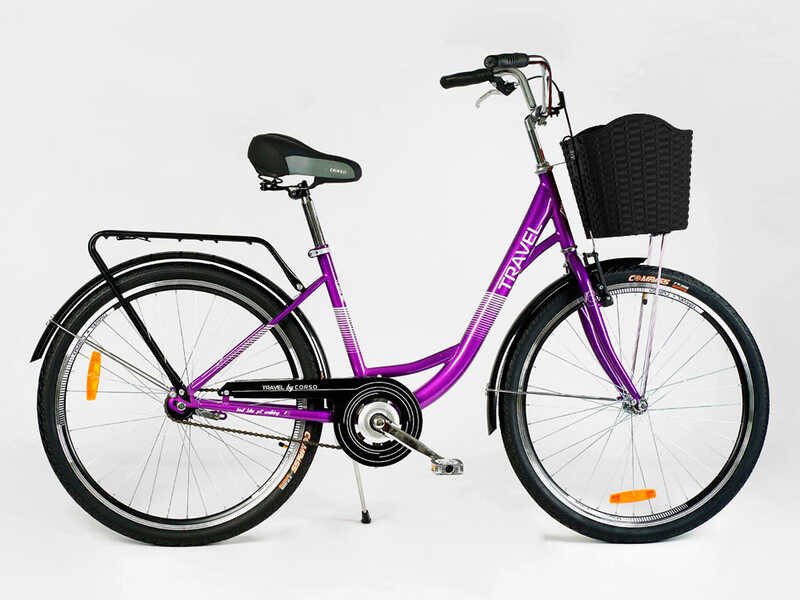 Велосипед міський Corso «TRAVEL» 26`` TR-1096 (1) колір фіолетовий, одношвидкісний, сталева рама 16.5``, корзина, багажник