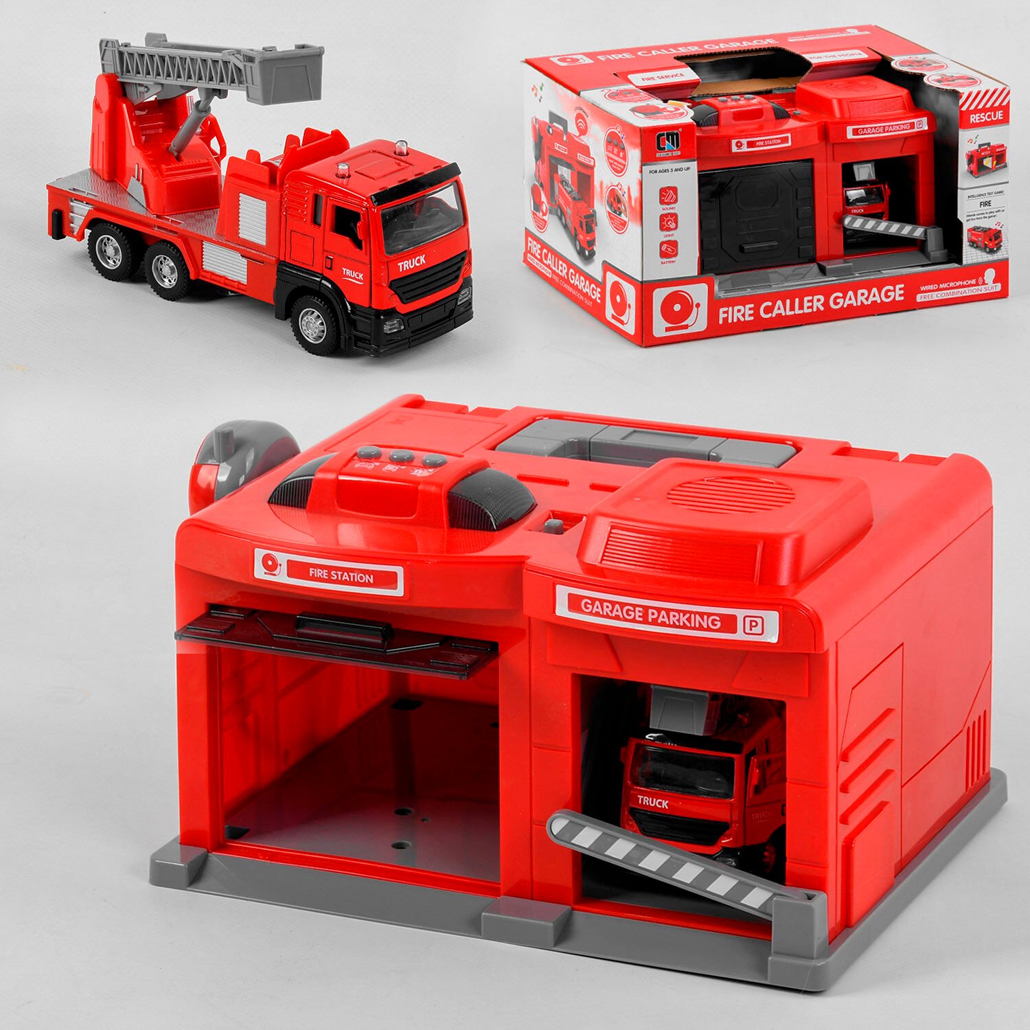 Гараж Пожарная станция (CLM - 551) 2 вида, рация, свет, звук, в коробке
