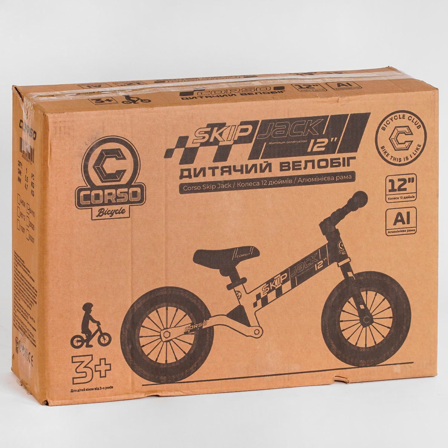 Велобіг Corso "Skip Jack" 95112 ЧОРНО-ЗЕЛЕНИЙ, надувні колеса 12", сталева рама з амортизатором, ручне гальмо, підніжка, в коробці