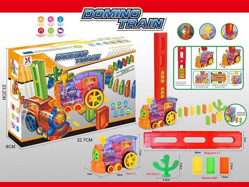 Детский поезд из домино (YXY 955-2 A) "Domino Train", свет, звук, автоматическая выкладка кирпичиков, аксессуары, на батарейках