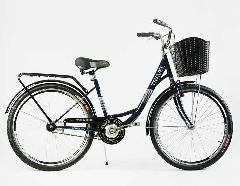 Велосипед міський Corso «TRAVEL» 26`` TR-2470 (1) колір темно-зелений, одношвидкісний, сталева рама 16.5``, корзина, багажник
