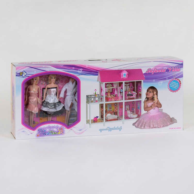 Домик кукольный 66884 (3) "Загородная вилла", 2 этажа, 3 куклы, мебель, аксессуары, питомцы, в коробке