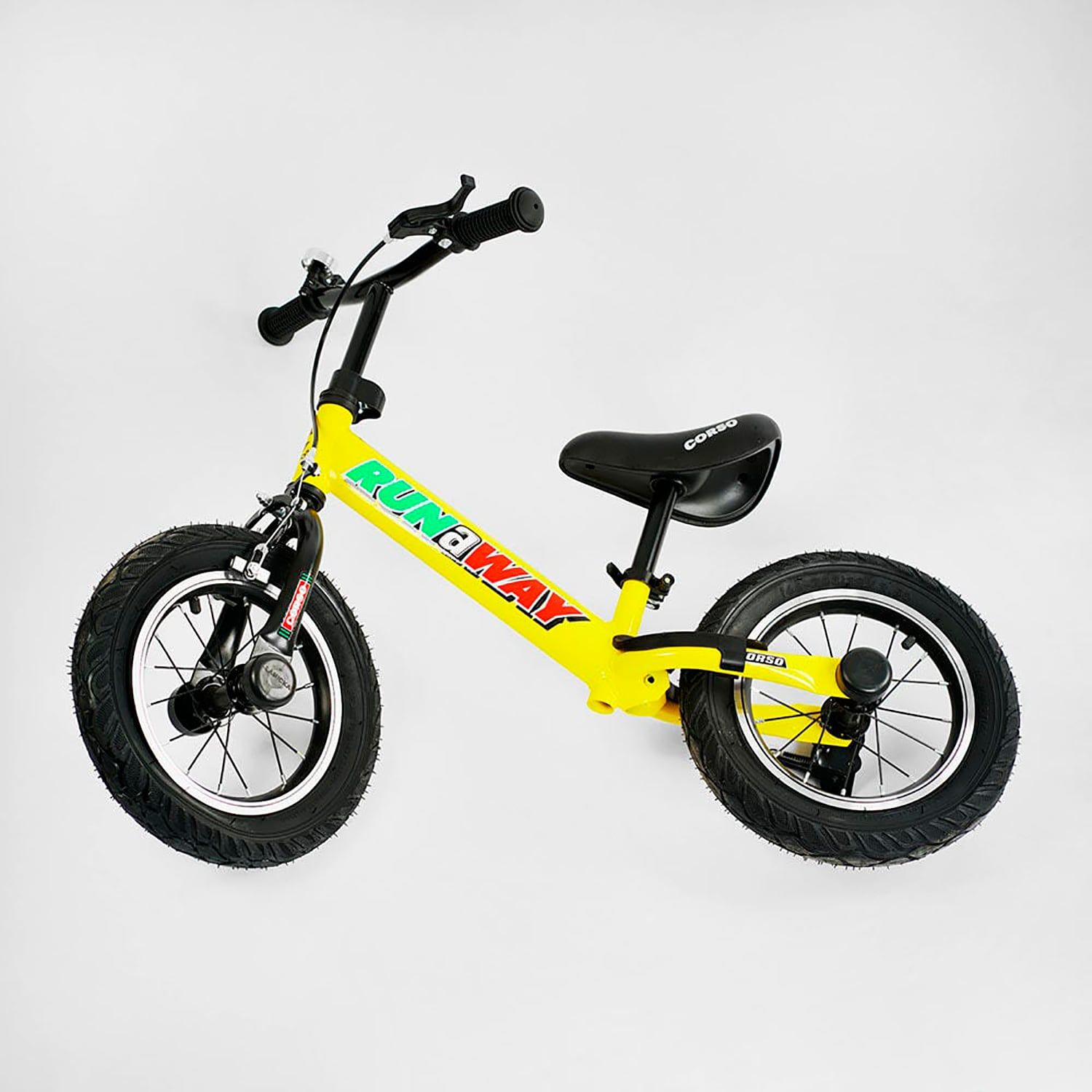 Велобіг з надувними колесами 12" Corso "Run-a-Way" (CV-07836) сталева рама, ручне гальмо, підніжка, підставка для ніжок, дзвіночок, в коробці