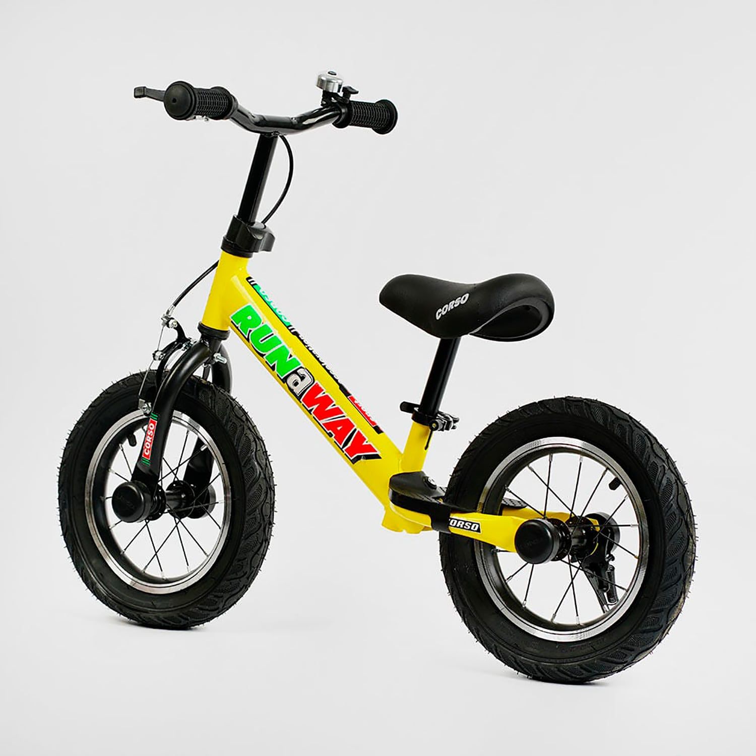 Велобіг з надувними колесами 12" Corso "Run-a-Way" (CV-07836) сталева рама, ручне гальмо, підніжка, підставка для ніжок, дзвіночок, в коробці